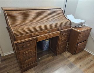 Solid Oak Roll Top Desk and file cabinet