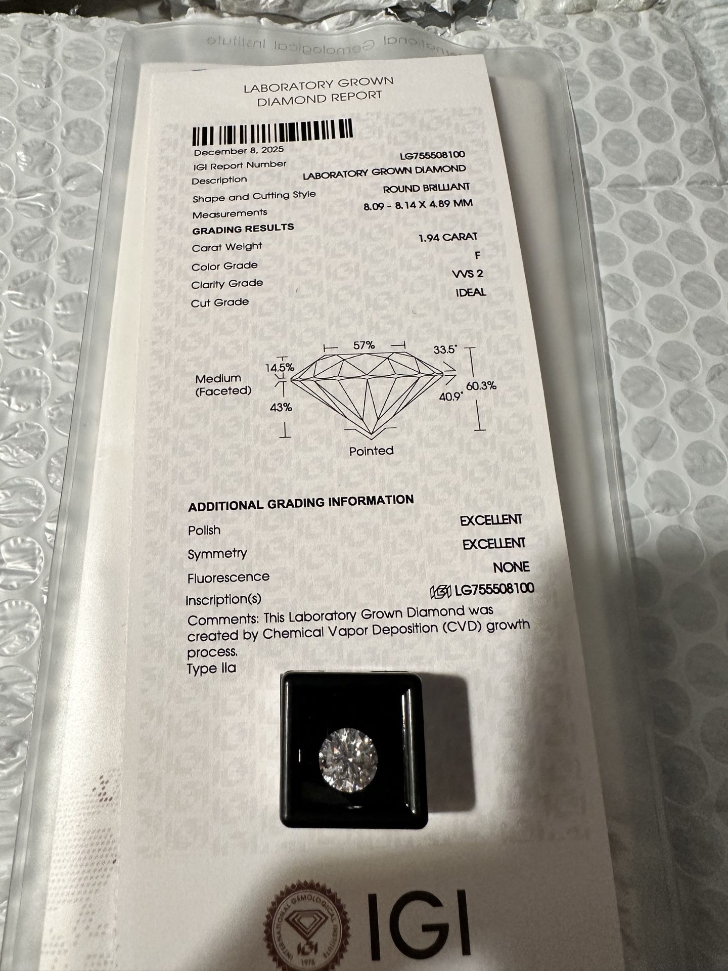 1.94 Ct Round Cut Lab Grown Diamond F Color VVS2 Ideal Cut IGI Certified