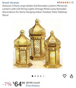 3 Pack Large Golden Eid Ramadan Lantern Moroccan Lantern with LED String Lights Vintage Metal Lamp Ramadan Decorations for Home Hanging Indoor Outdoor