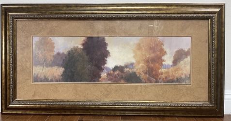 Large Autumn Landscape Scene Print Matted and Ornate Brown Frame 46" x 23"