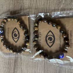 2 Bracelet Eye Tiger  Beaded Lucky Protection New 