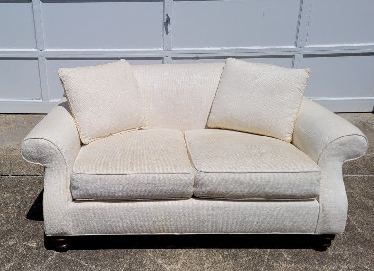 Lane Furniture Cream Off White Loveseat w/ Rolled Arms & Turned Wood Legs