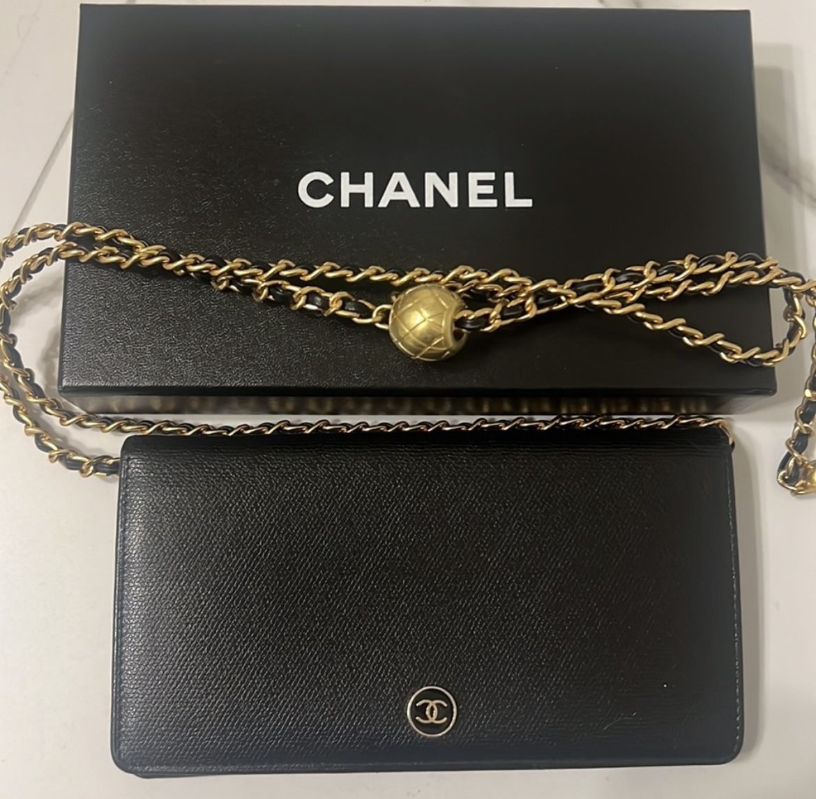 Authentic Chanel CC Coco Leather Bifold Wallet With Chain WOC
