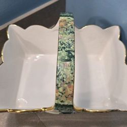 Italian Porcelain Decorative Basket – Hand-Painted Garden Motif, Gold Trim, Made in Italy
