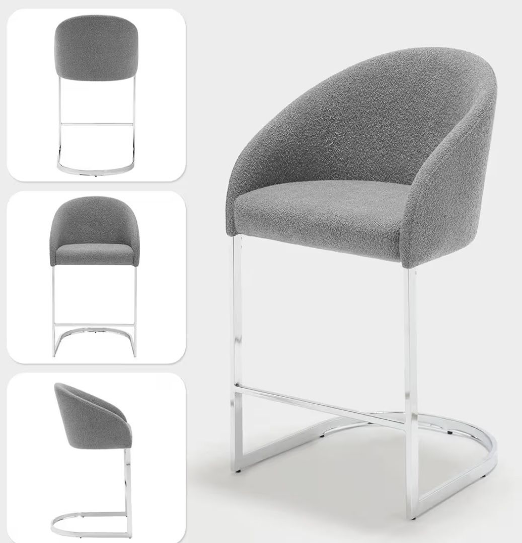 RêveLife Counter Height Bar Stools Set of 2, 26” Seat Height Modern Grey Boucle Fabric Bar Chairs with Barrel Back, Dual Armrests, and Chrome U-Shaped