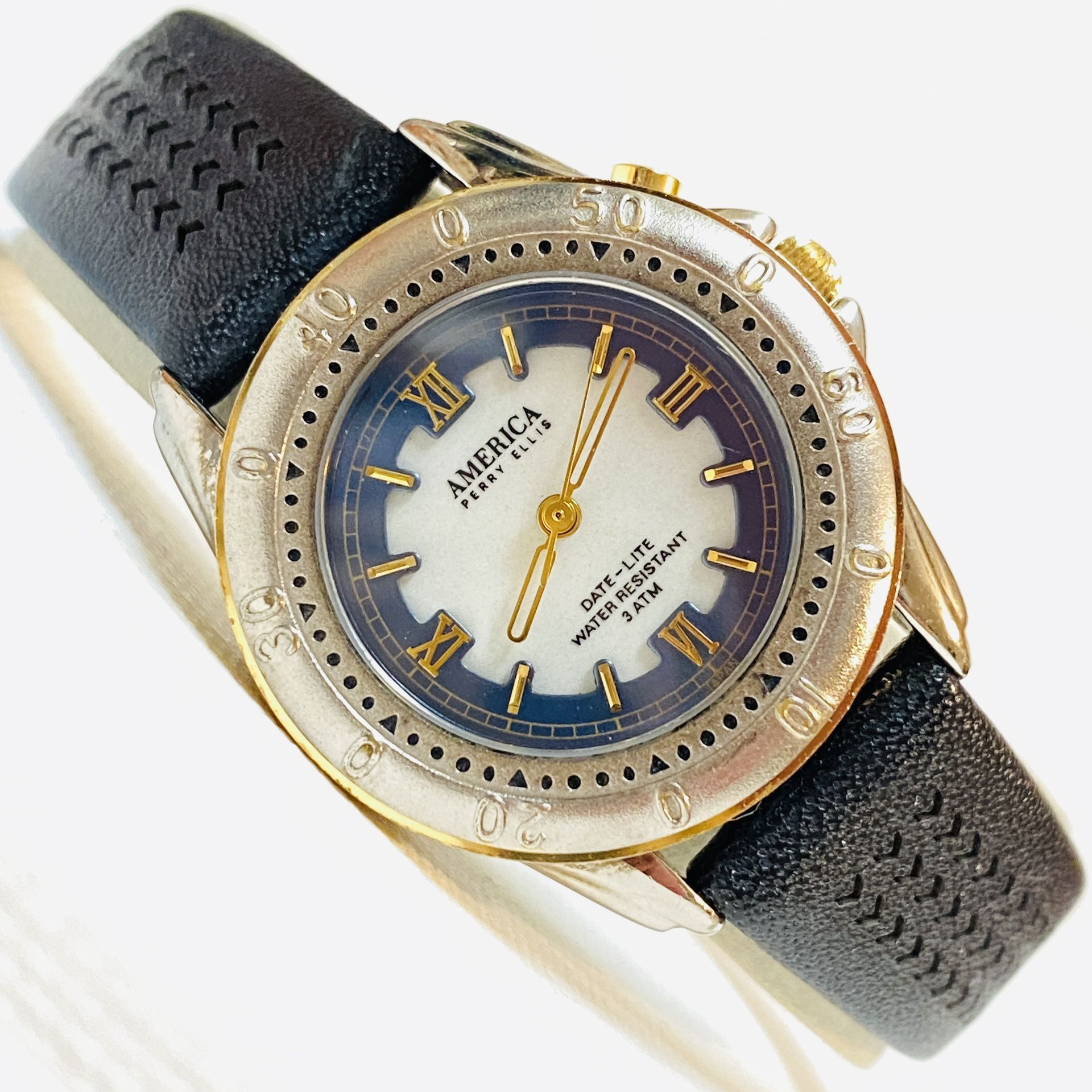 Vintage Perry Ellis America Date-Lite Women's Watch Two Tone Black Leather 2145