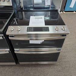 30 in. 5 Burner Element Slide-In Double Oven Electric Range in Stainless Steel with True Convection