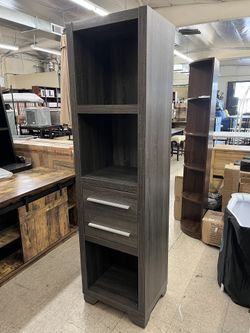 Benjara Wooden Media Tower with 2 Drawers and 3 Shelves 19.75"L x 15.25"D x 72"H- Distressed Gray