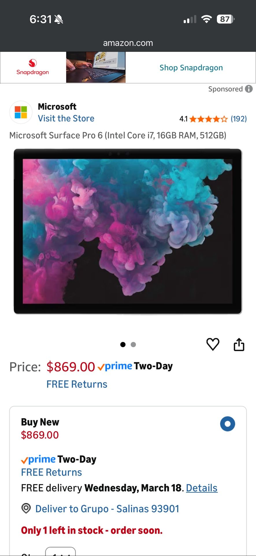 Intel i7 Surface Pro 6 Windows 11 Pro Edition