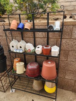 Bakers rack, pots, garden items
