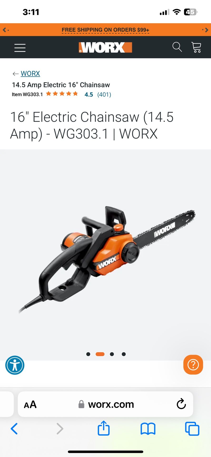 Worx WG303.1 Chainsaw 16”