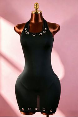 Black Halter Mini Dress with Grommet Detail