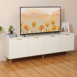 Entertainment Center Wood Up To 80 Inch TV Stand with 4 Large Drawers, TV Console Table Media Cabinet with Storage for Living Room Bedroom, Warm White