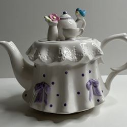Vintage Teleflora Tea Pot Purple Bows & Polka Dots Blue Bird Pink Flower