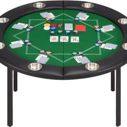 Players Poker Table Foldable, Round Casino Texas Holdem Table with Stainless Steel Cup Holders & Faux Leather Padded Rails, Folding Gaming Table for C