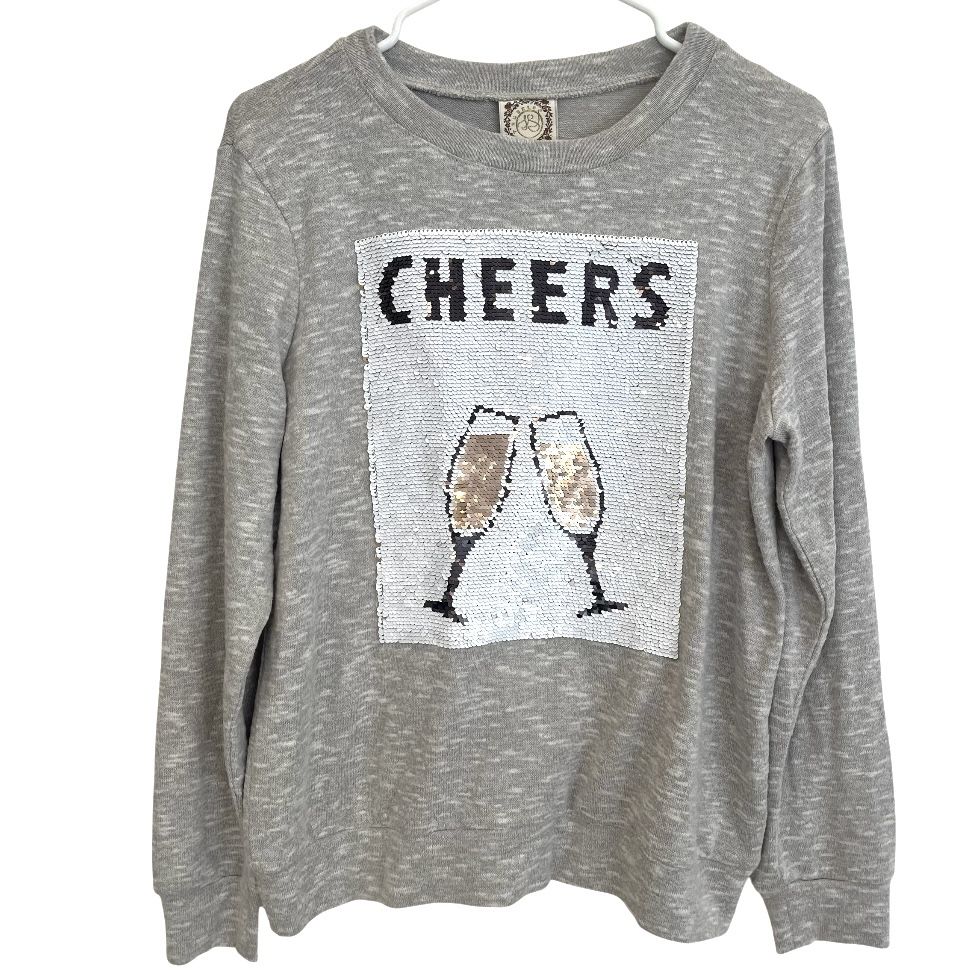 Tru Self Truself Womens M Cheers Flip Sequin Sweatshirt Top Gray New Years