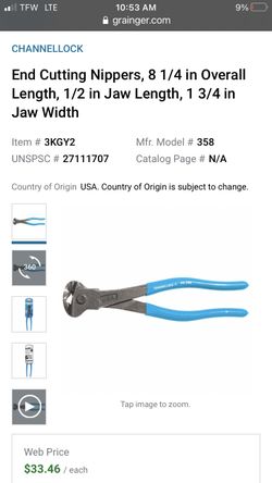 CHANNELLOCK End Cutting Nippers, 8 1/4 in Overall Length, 1/2 in Jaw Length, 1 3/4 in Jaw Width