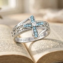 Women's Silver Cross Ring with Blue Stones - "With God All Things Are Possible" - Sizes 6.5-10.5 