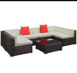 Outsunny 7 Piece Outdoor Patio Sofa Set with Cushions, All Weather PE Rattan, 29.5" Sofa Section, Glass Top Coffee Table for Outdoor Living, Beige