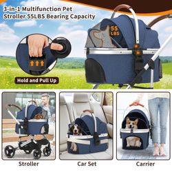 Pet Stroller 3 in 1 Folding Lightweight Dog Stroller with Detachable Carrier & Storage Basket, Premium 4 Wheels Travel Stroller for Puppies, Doggies, 