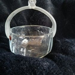 Romanian Blown Glass Basket W/ Frosted Reeded Knotted Handle