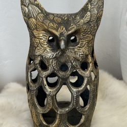 Vintage Large Gold Toned Horned Owl Lantern Cast Iron Japanese Collectible Statue Candle Holder heavy Sculpture Bird Animal 