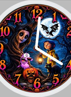 Coraline and Courage the cowardly dog Halloween Christmas Thanksgiving art design clock