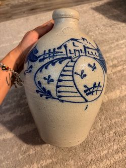 Vintage 1985 Rowe Pottery Works Salt-Glazed Stoneware Jug – Cambridge, WI Folk Art