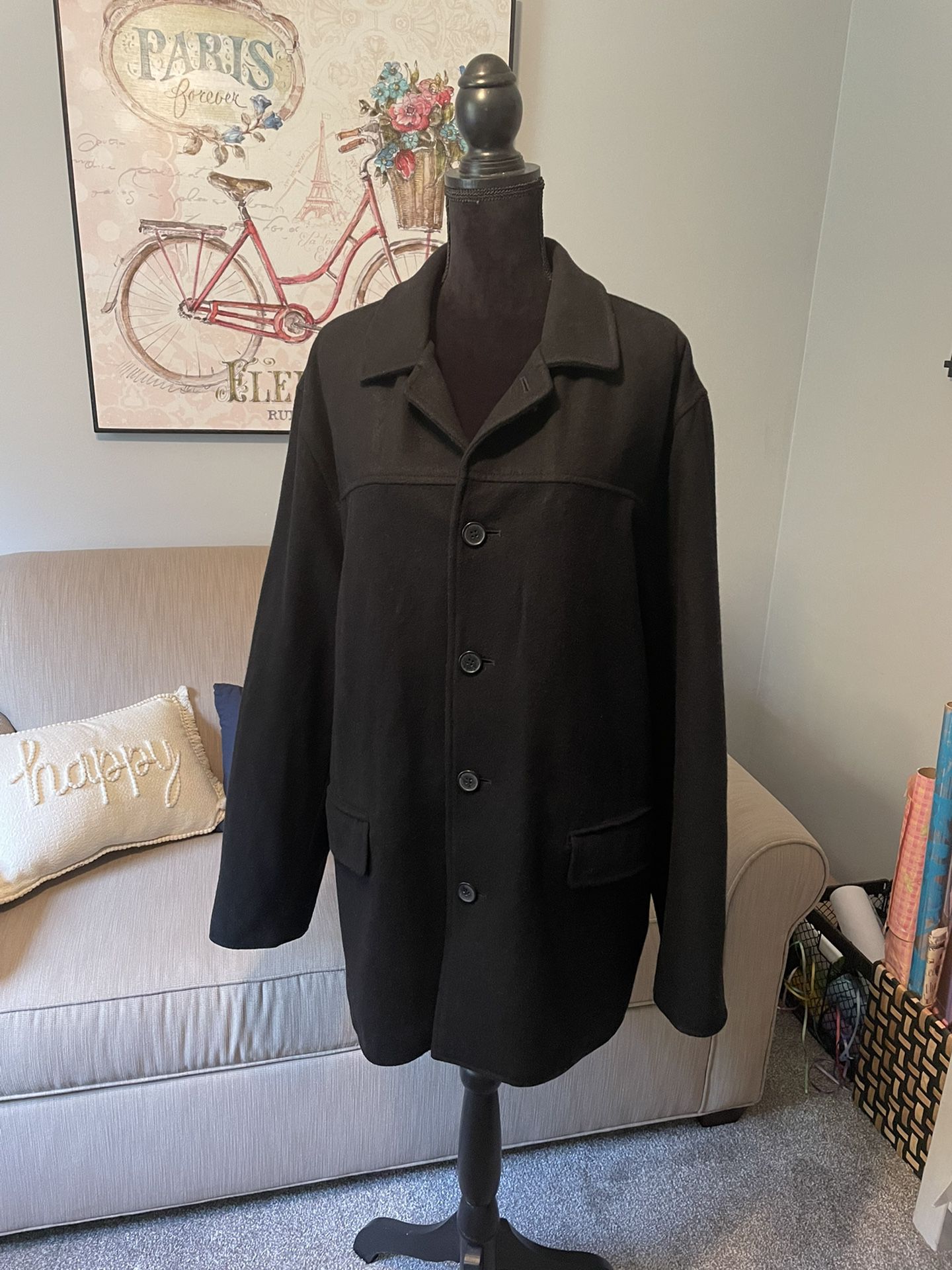 Express Men's Black Wool-Blend Peacoat, XL