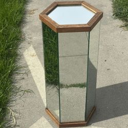 Vintage Mirror & Wood Pedestal 70’s Plant Stand