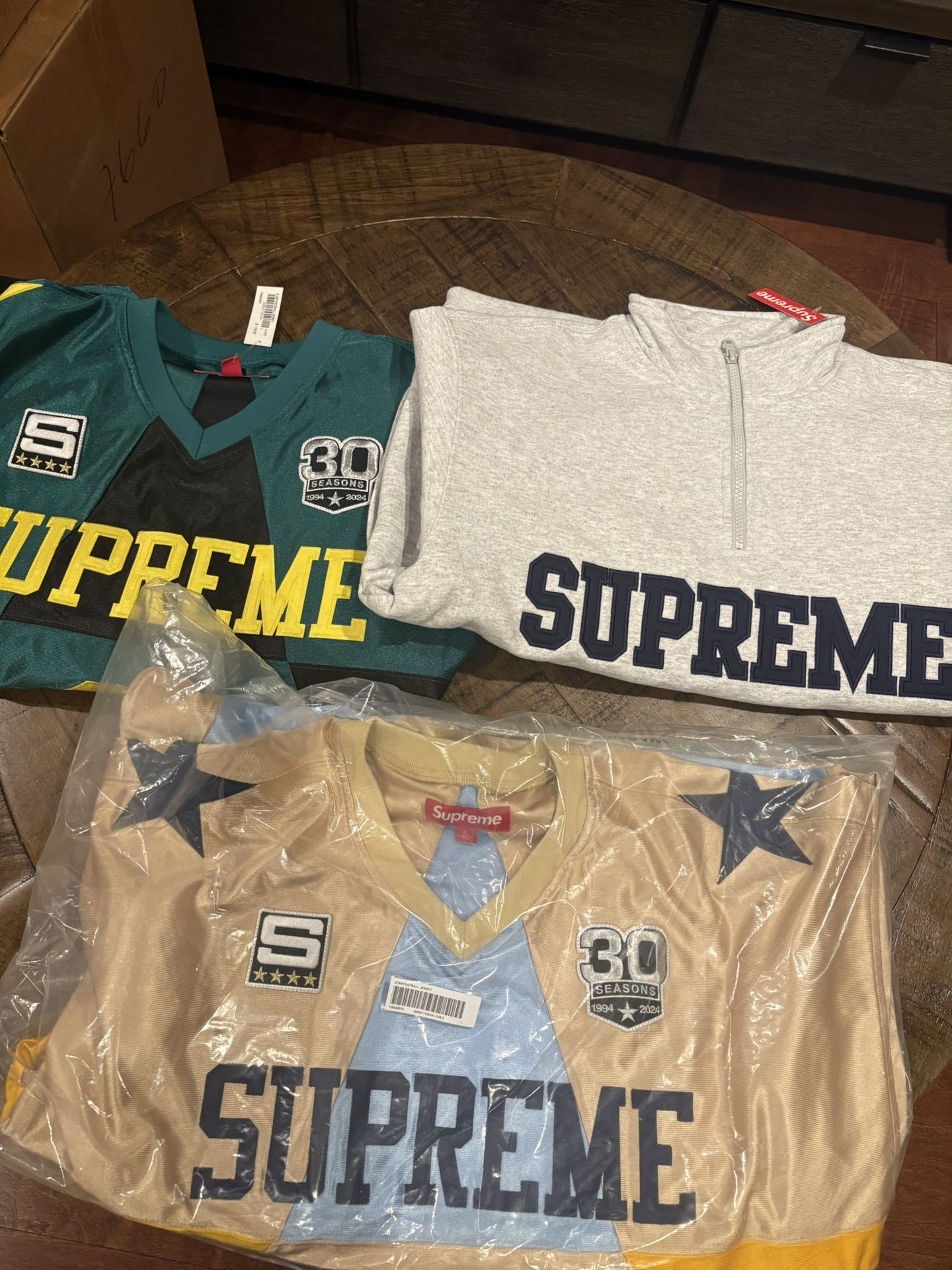 Supreme FW24 Week 8 Star Football Jersey, Faux Shearling Lined Work Shirt, Collegiate Half Zip Pullover