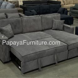 New! Reversible Grey corduroy Sectional Sofa Bed, Sectional Sofa Bed, Grey Sofa, Sleeper Sofa, Grey Couch, Reversible Sectional, Sectional Sofa With P
