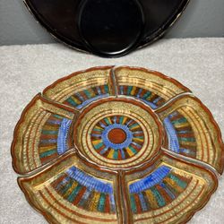 Antique Japanese 10" Porcelain  Sweetmeat Divided Tray Set & Black Lacquer Box