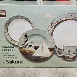 BRAND NEW Warren Kimble "Coastal Breeze" 16pc Stoneware Set - Service for 4