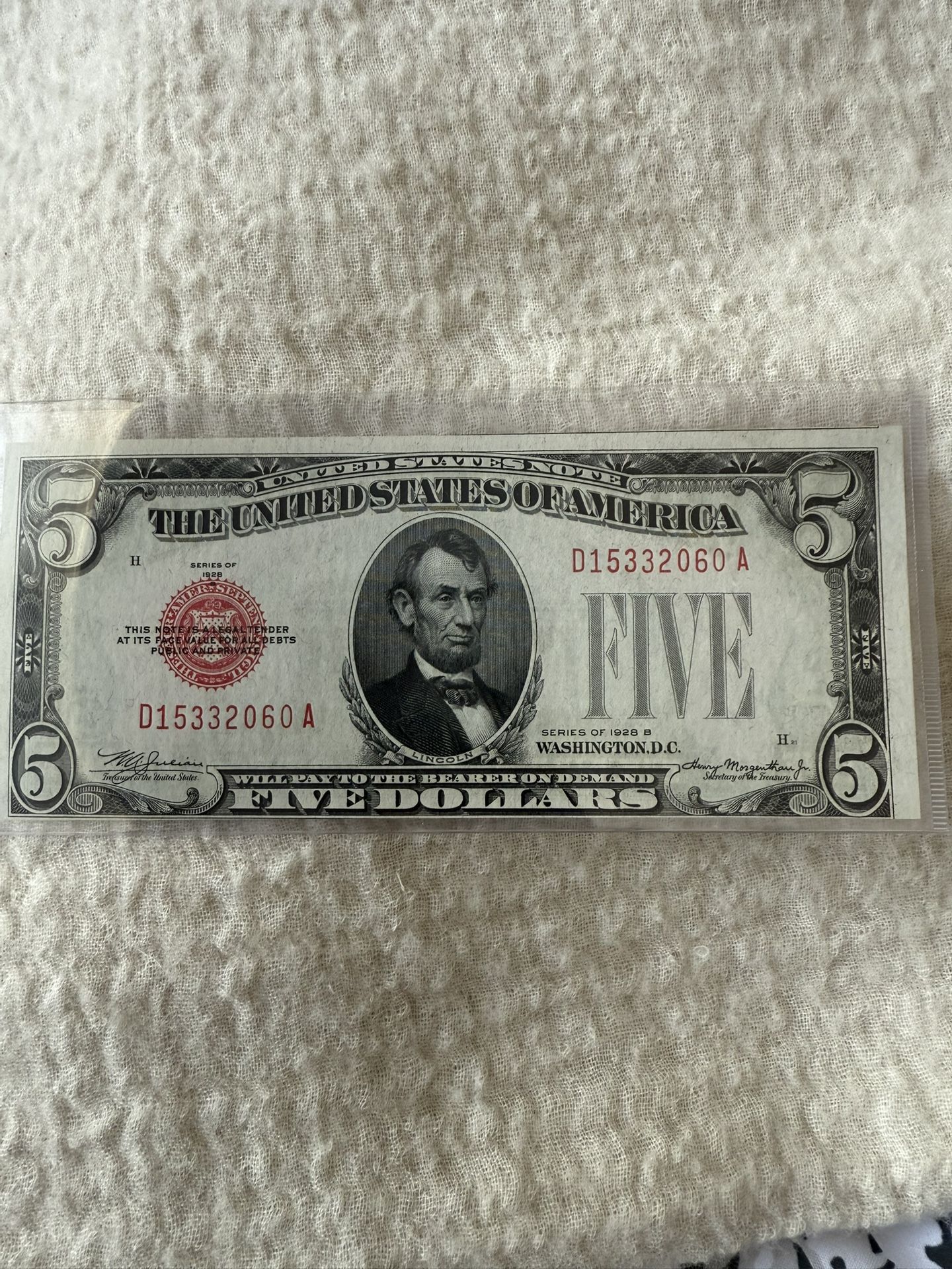 1928 B $5 Dollars ERROR Miss Cut Uncirculated