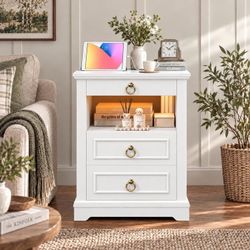 18.5" W 3-Drawer Dresser,White color nightstand with LED and charger station on top