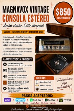 Consola Estéreo Magnavox Vintage — Acabado de Nogal Estilo Mid-Century