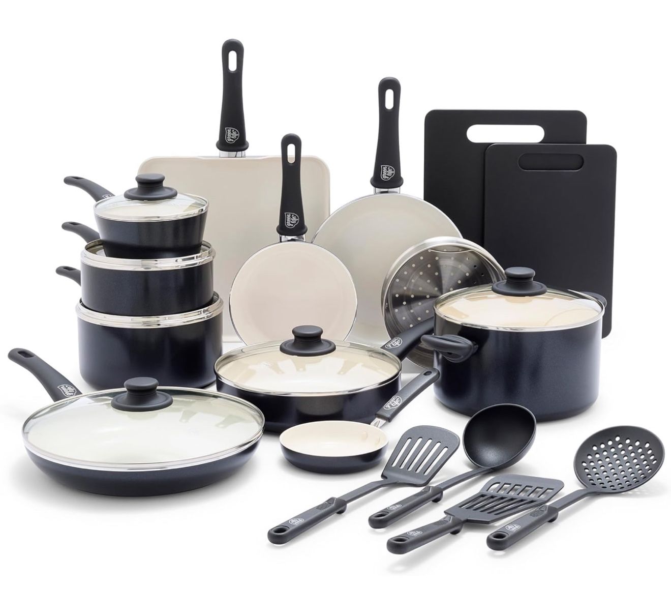 GreenLife Soft Grip Healthy Ceramic Nonstick [Brand NEW in Box] 23 Piece Kitchen Cookware Pots and Frying Sauce Saute Pans Set with Kitchen Utensils, 