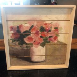 16 X 16 Blonde Wood frame Painted Slats Picture. Hanger On Back