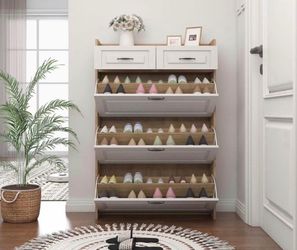 Shoe Cabinet With 3 Flip Drawers, 2 Storage Drawers, PVC Door With Shape, Entryway Shoe Storage Cabinet