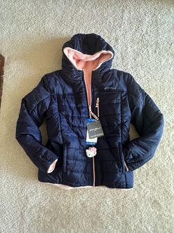 NWT Eddie Bauer Girls Navy Hooded Puffer Jacket Pink Fleece Lined Size 14/16
