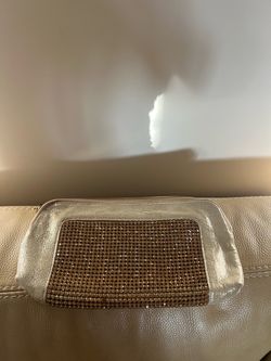 Crystal and leather metallic gold clutch