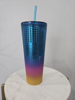 STARBUCKS SUMMER 2023 TIM SINGLETON PRIDE RAINBOW GRID TUMBLER COLD CUP 24oz USED