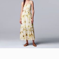 Vera Wang Simply Vera Yellow Smocked Tiered Floral Print Long Maxi Dress Size Small 