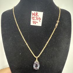 14K Solid Gold Chain and AMATISTA Pendant 12.8Gr 18 Inches Long 