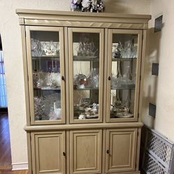 WOOD CABINET WITH GLASS SHELVES- GLASS DOORS   
