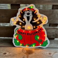 Vintage 1994 Yard Looks Mini Twinklers Lighted Cat Pumpkin Halloween Decor 16"