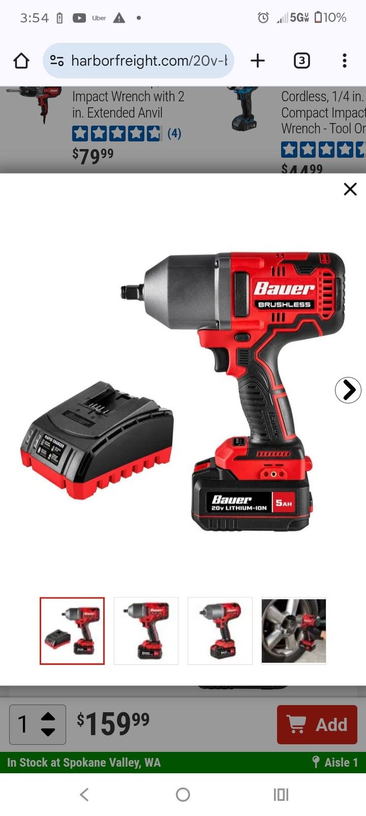 BAUER 20V Brushless Cordless, 1/2 in. High-Torque Impact Wrench Kit with 5 Ah Battery and Charger