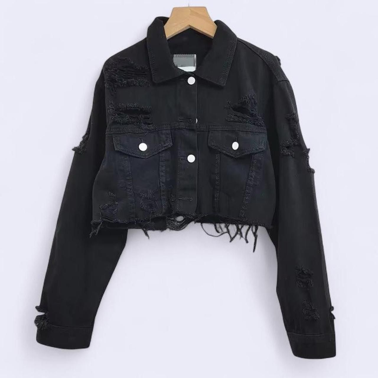 Women’s Ripped Cropped Black Denim Jacket in Size Small