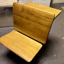 Antique Child's School Desk Wood & Cast Iron With Folding Seat.